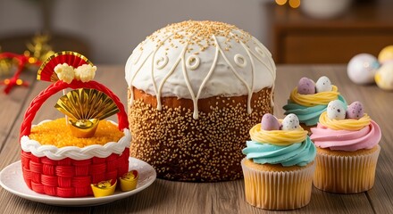 Delicious Easter Treats Assortment of Festive Bread, Cupcakes, and Traditional Sweets on a Wooden Table