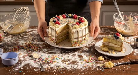 A baker proudly presents a freshly made vanilla layer cake decorated with fresh berries and colorful sprinkles on a messy, flour-dusted wooden table