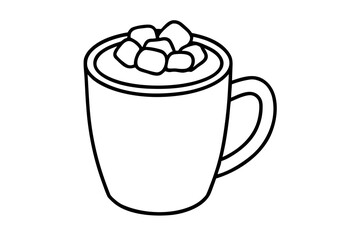line art Hot chocolate mug with marshmallows, cozy winter drink illustration