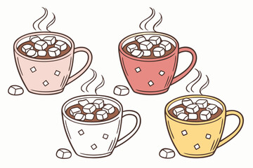 set of Hot chocolate mug with marshmallows, cozy winter drink illustration isolated on white background