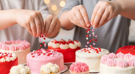 Sharing a sweet moment, hands lovingly decorate a variety of small cakes with heart sprinkles for a special occasion