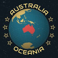 Australia on Globe. Country name round text. Vintage look with grunge scratched texture. Country view on world map in Sky Blue Light Yellow color palette. Australia shape on map.