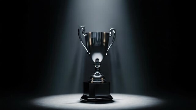 gleaming silver trophy with polished metallic finish and ornate handles sits on dark multi-tiered base Dramatically illuminated by spotlight from above against dark background it radiates prestige
