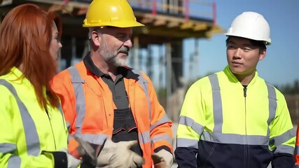 Diverse construction workers including a foreman and engineers meeting on site in hard hats and high-visibility gear discussing project plans and safety protoco