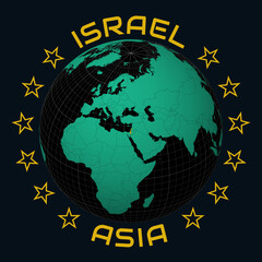 State of Israel on Globe. Round country and continent name text. Country view on world map in Black Emerald color palette. Israel shape on map. Captivating vector illustration.