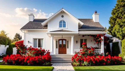 Fototapeta premium White house with red roses and a porch
