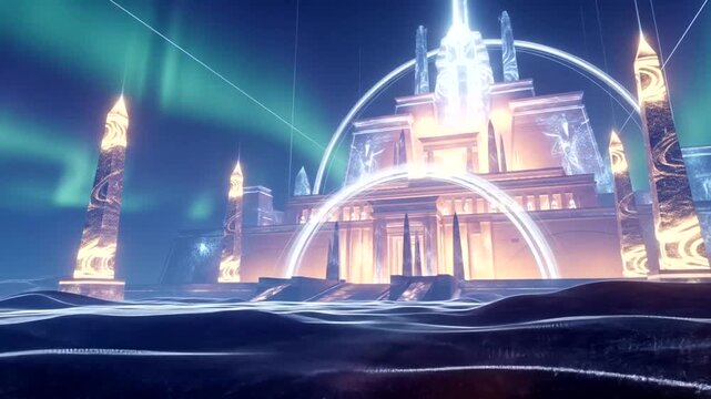 Epic temple with aurora borealis, futuristic fantasy scene, glowing elements, scifi architecture