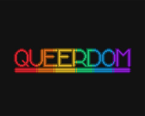 Glowing Rainbow Typography of "Queerdom" with Two Lines Underneath, Pixel Art Abstract Art