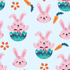 Seamless Easter Pattern with Pink Rabbits Carrots and Floral Elements on Light Blue Background