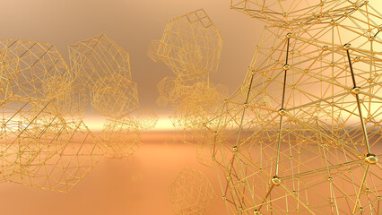  Abstract 3D rendering of geometric wireframe polyhedra floating in a warm golden-orange space. The intricate lattice structures resemble futuristic nanotechnology, molecular networks, or digital data