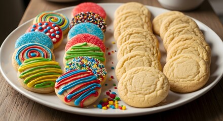 Colorful Cookies Decorated and Plain on a White Plate