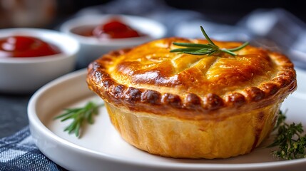 Australian Meat Pie isolated on a modern white plate, golden crispy crust with decorative edge