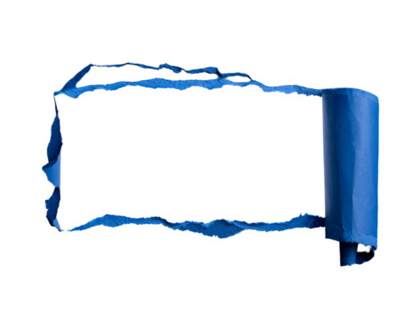 Torn blue paper reveals a bright white space, rolled edge on right, black background
