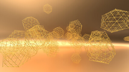  Abstract 3D rendering of geometric wireframe polyhedra floating in a warm golden-orange space. The intricate lattice structures resemble futuristic nanotechnology, molecular networks, or digital data