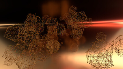 Abstract 3D rendering of geometric wireframe polyhedra floating in a warm golden-orange space. The intricate lattice structures resemble futuristic nanotechnology, molecular networks, or digital data