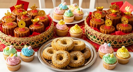Festive assortment of traditional Chinese mooncakes, colorful cupcakes, and sweet donuts for a holiday celebration