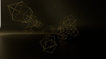 Abstract 3D rendering of geometric wireframe polyhedra floating in a warm golden-orange space. The intricate lattice structures resemble futuristic nanotechnology, molecular networks, or digital data