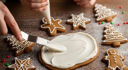 Joyful holiday baking moment featuring hands carefully decorating a variety of classic gingerbread cookies with sweet frosting, celebrating seasonal traditions and homemade treats