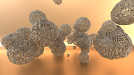 Abstract 3D rendering of geometric wireframe polyhedra floating in a warm golden-orange space. The intricate lattice structures resemble futuristic nanotechnology, molecular networks, or digital data