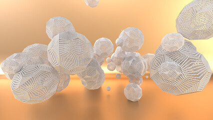 Abstract 3D rendering of geometric wireframe polyhedra floating in a warm golden-orange space. The intricate lattice structures resemble futuristic nanotechnology, molecular networks, or digital data