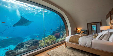 View from a luxurious underwater hotel room window onto a vibrant coral reef with a manta ray. Unique luxury travel, surreal accommodation, and marine life experience