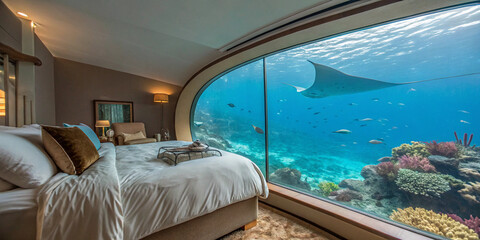 View from a luxurious underwater hotel room window onto a vibrant coral reef with a manta ray. Unique luxury travel, surreal accommodation, and marine life experience