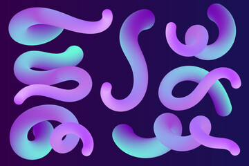 Abstract gradient lines. Colored blue and purple swirl shapes on dark background. Fluid curved and spiral vector 3d dynamic elements for posters and banners