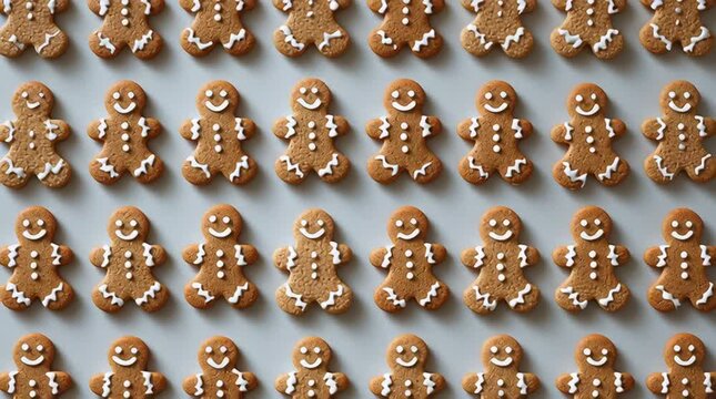 A pattern of gingerbread men cookies with white icing on a light gray surface, arranged in rows