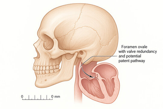 Medical illustration depicting the foramen ovale with valve redundancy and a potential patent pathway, showing the skull and a cross-section of the heart.
