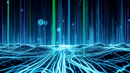 Abstract data stream visualization with neon lines and geometric shapes in a virtual world - Powered by Adobe