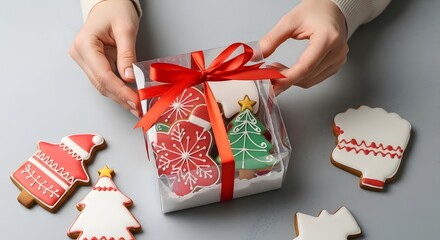 Christmas gingerbread cookies in a gift box tied with a red ribbon, perfect for holiday celebrations and gift-giving