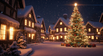 Fototapeta premium Snowy village under moonlight with decorated Christmas tree and glowing houses in festive winter scene.