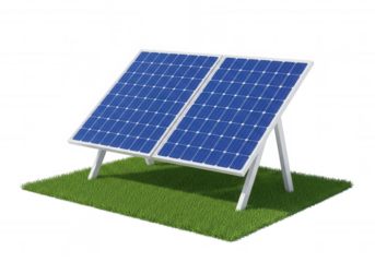 Blue solar panels on green grass isolated on a transparent background