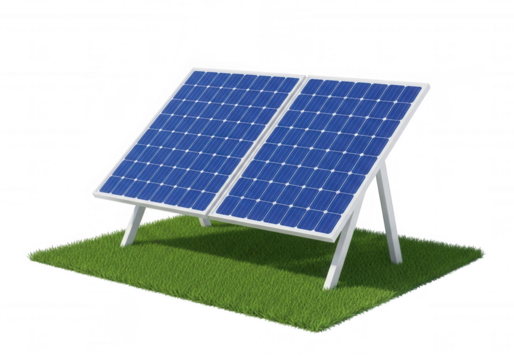 Blue solar panels on green grass isolated on a transparent background