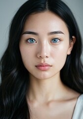 Naklejka premium Beauty and Serenity: Captivating close-up portrait of a woman, exuding serenity and captivating with her deep, expressive gaze. The subtle tones of her complexion and hair create a harmonious palette.