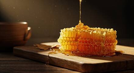 Sweet Nectar: Captivating shot of honey pouring into a honeycomb on a wooden board in close up view, revealing the richness of the moment.
