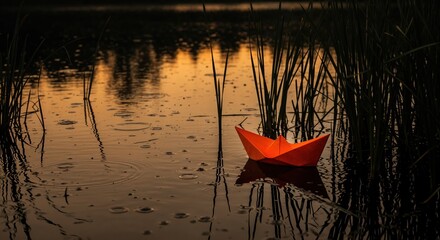 Lonely Origami Boat on the Water: An orange origami boat floats serenely on a still lake, the dark water mirroring the silhouettes of reeds and the faint glow of sunset.
