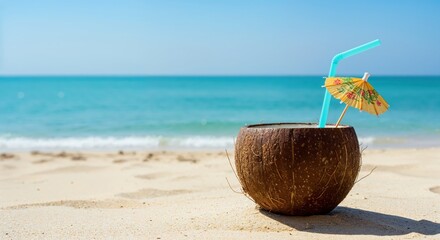 Coconut cocktail on the Beach: Tropical oasis captured, a refreshing coconut cocktail nestled on pristine sandy beach with tranquil turquoise ocean in the background.