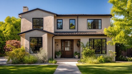 Obraz premium Exterior view of a house with a garden on a sunny day