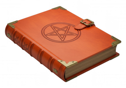 Orange occult book with pentagram isolated on a transparent background