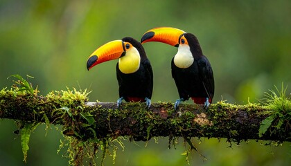 Fototapeta premium Two keel-billed toucans perched on a mossy branch in a lush tropical setting with blurred greenery.