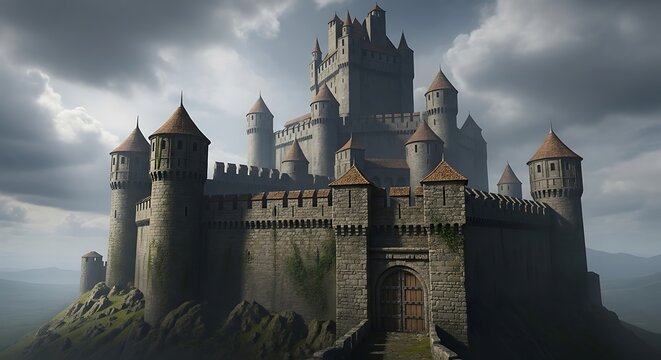 Majestic Medieval Castle Perched on a Rocky Outcrop Under a Dramatic Sky.