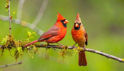 A male and female Northern Cardinal perched on a flowering branch in a soft spring setting.