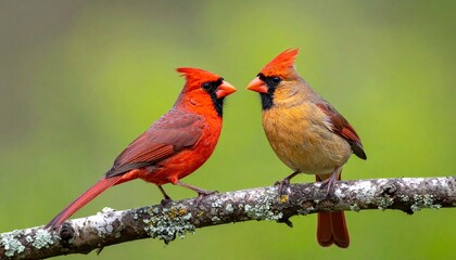 Fototapeta premium A male and female Northern Cardinal perched on a flowering branch in a soft spring setting.