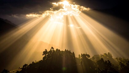 Rays of Sunlight Piercing Through Clouds Over a Forest.