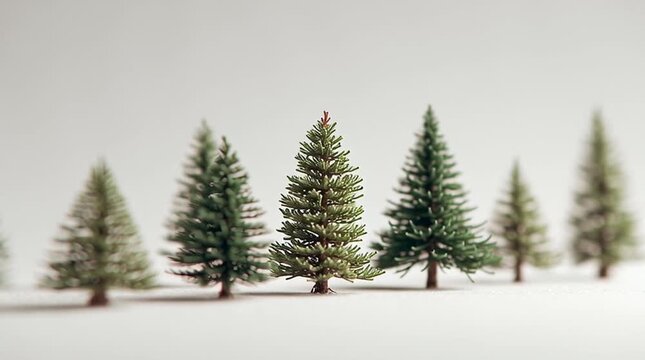 A row of miniature evergreen trees on a white surface with a blurred background in a studio shot