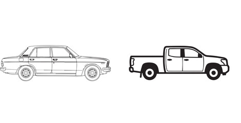 Outline Drawing of a Classic Sedan Car and a Modern Pickup Truck
