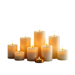 Group of lit candles on black background, glowing and warm, flame bright