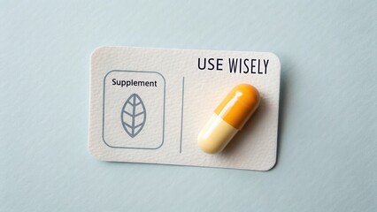 Bright Yellow Capsule on Supplement Card with Leaf and Use Wisely Message for Health and Wellness Concepts