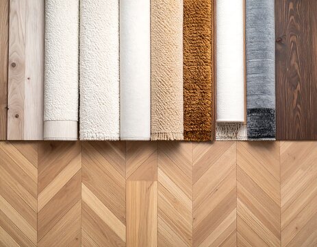 Assorted rolled rugs on wooden herringbone floor